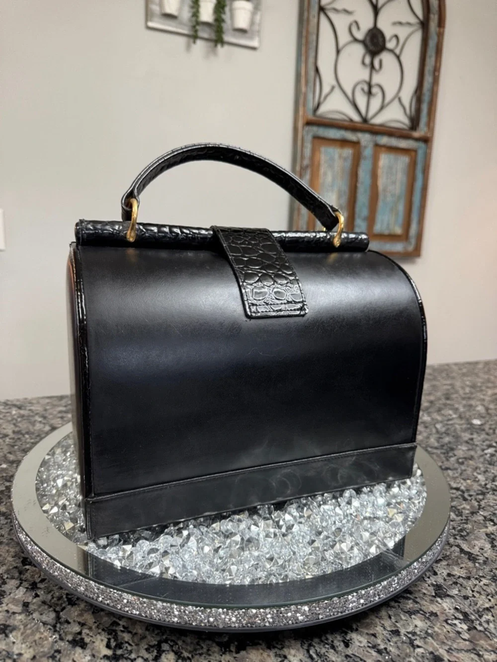 Black Structured Top-Handle Cosmetic Case with Gold Lock